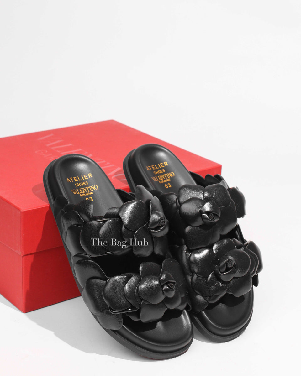 Valentino Black Leather Atelier 03 Rose Edition Slides Size