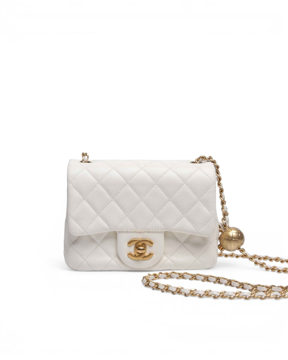 Chanel White Lambskin Pearl Crush Mini Square Flap GHW | Designer