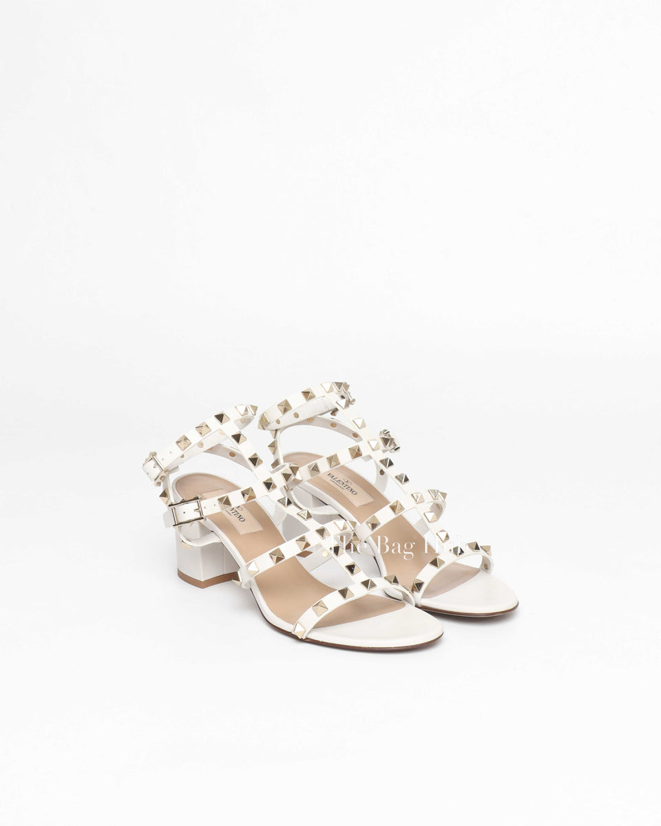 Valentino Garavani White Leather Rockstud Ankle Strap Block Heels