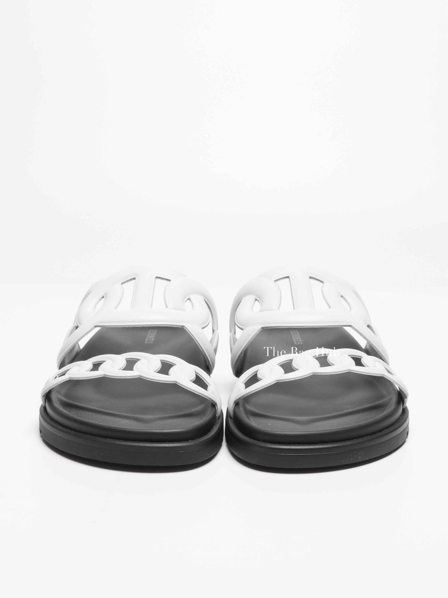 Hermes White/Black Leather Extra Sandals Size 37 | Designer Brand