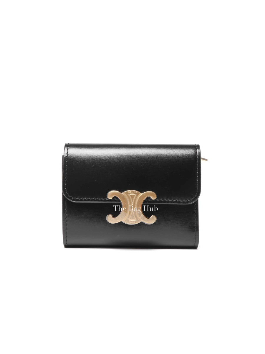 Celine Black Shiny Calfskin Triomphe Compact Wallet with