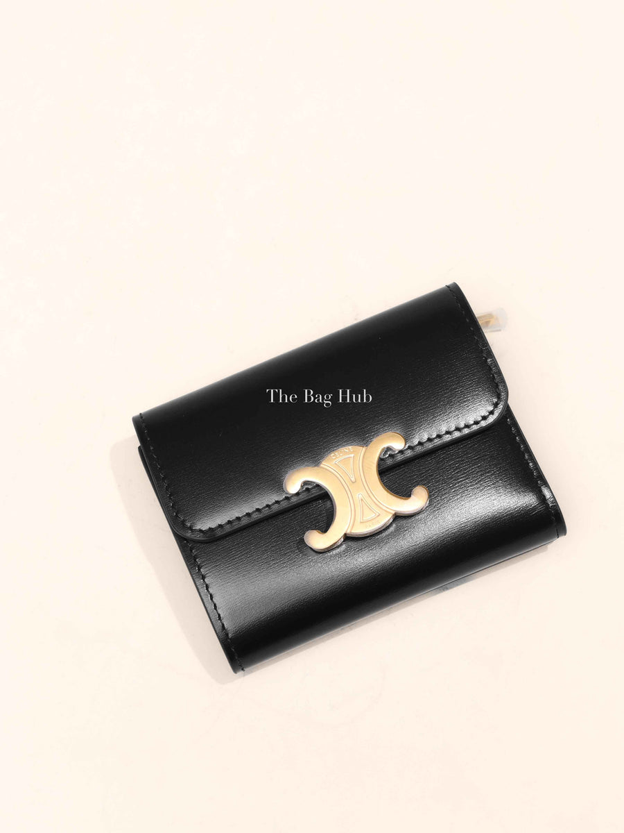 Celine Black Shiny Calfskin Triomphe Compact Wallet with