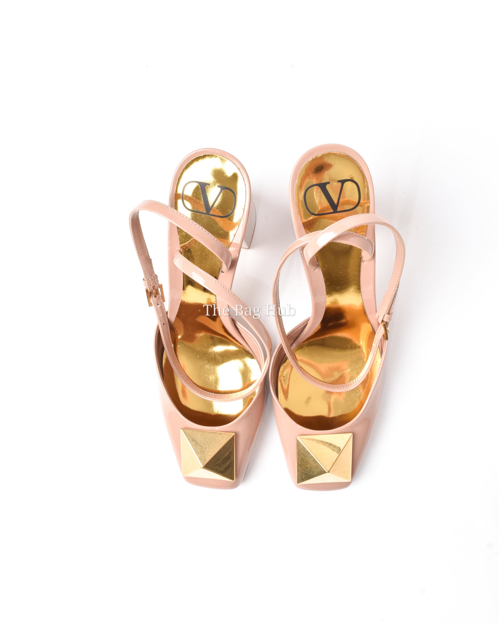 Valentino Garavani Nude Patent Roman Stud Block Heel Size 38.5