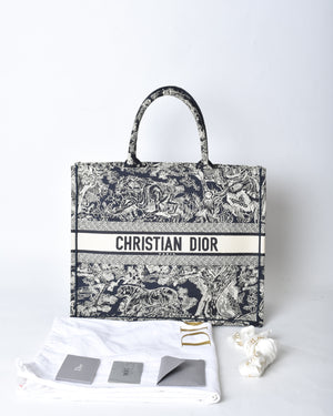 Dior Blue/Ecru Toile De Jouy Reverse Embroidery Large Book Tote