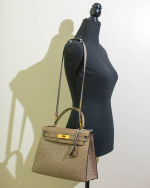 Hermes Gris Tourterelle Vintage Ostrich Kelly 28 Bag GHW-12