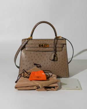 Hermes Gris Tourterelle Vintage Ostrich Kelly 28 Bag GHW-13