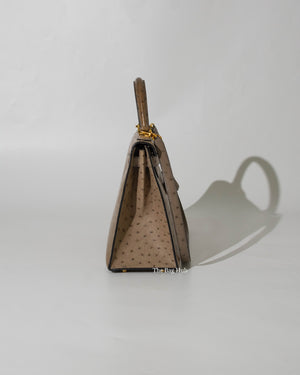 Hermes Gris Tourterelle Vintage Ostrich Kelly 28 Bag GHW-5