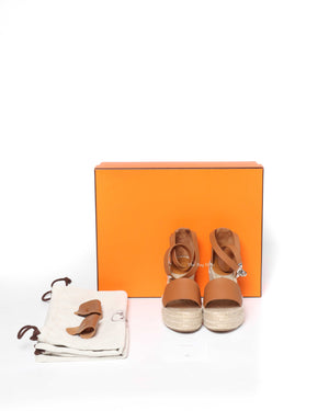 Hermes Tan Tipoli Wedge Espadrille Ankle Strap Size 37-9
