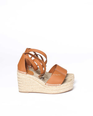 Hermes Tan Tipoli Wedge Espadrille Ankle Strap Size 37-5