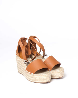 Hermes Tan Tipoli Wedge Espadrille Ankle Strap Size 37-2