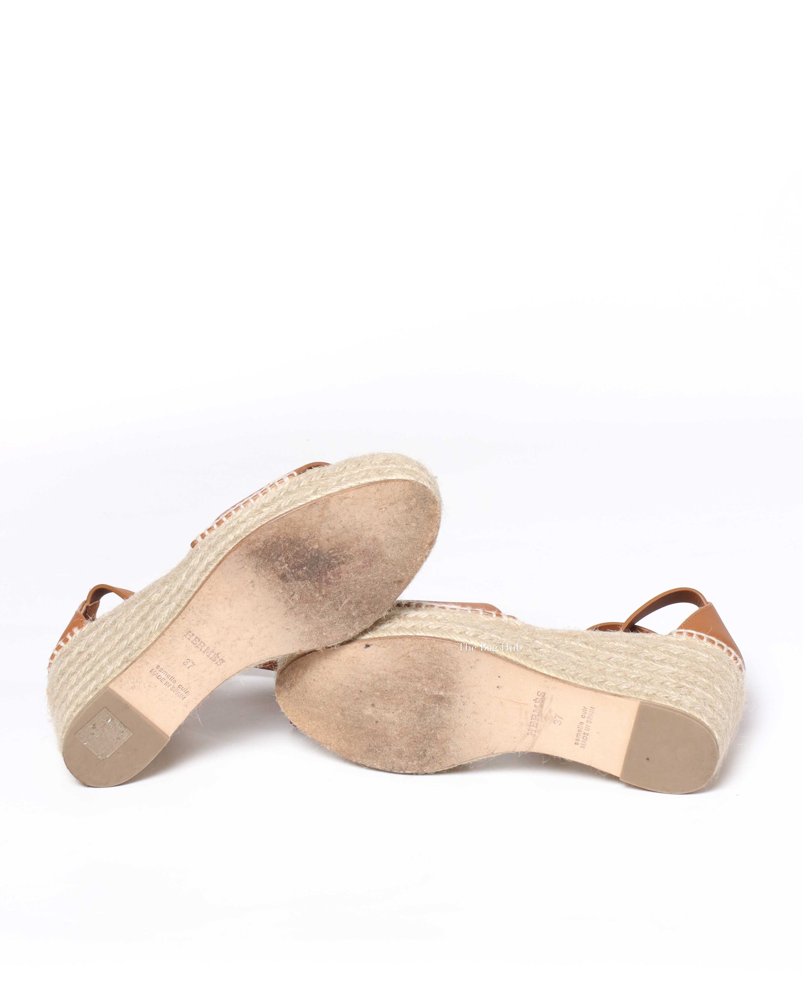 Hermes Tan Tipoli Wedge Espadrille Ankle Strap Size 37-8