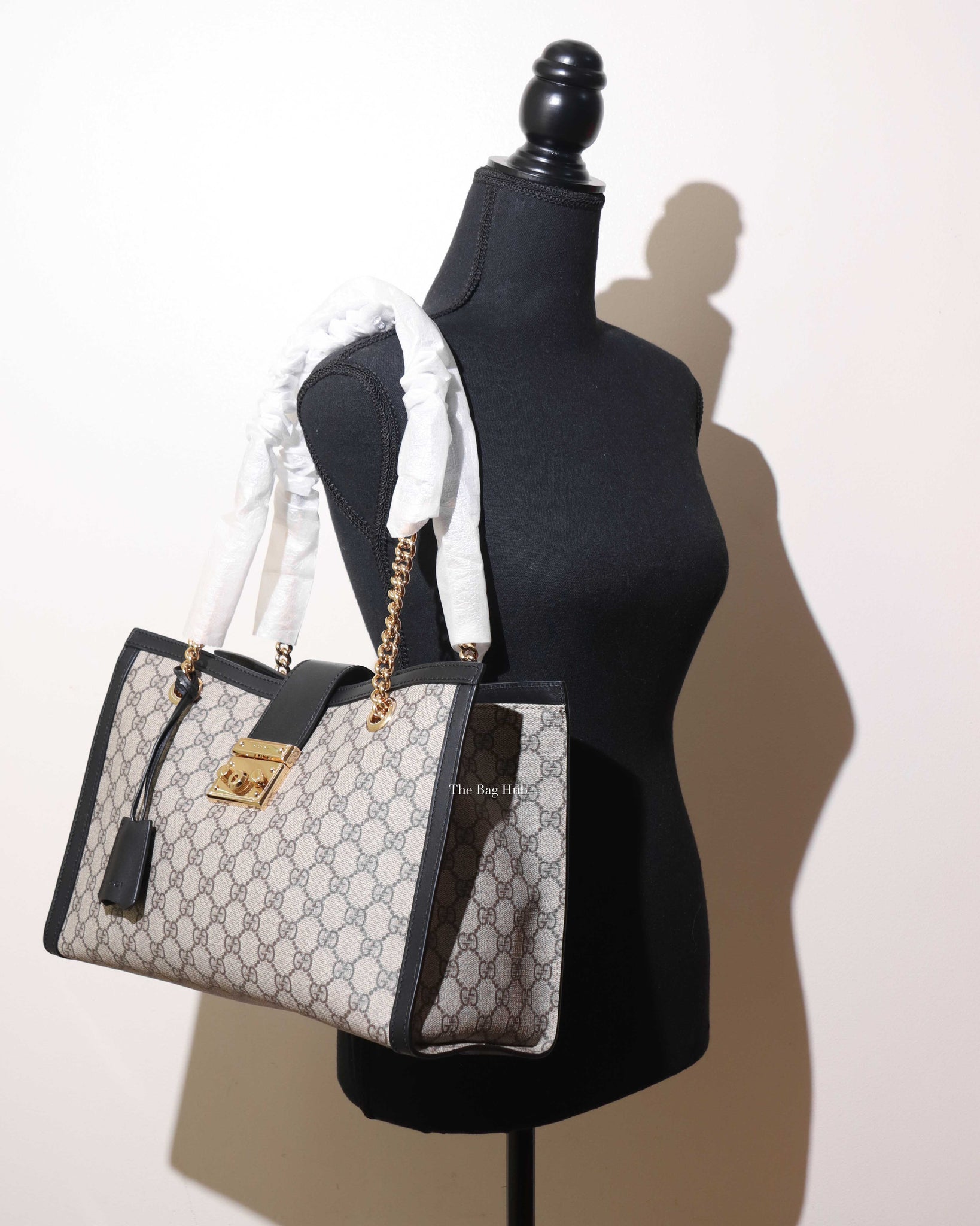 Gucci Beige Ebony/Black GG Supreme Canvas Medium Padlock Chain Tote Bag-11
