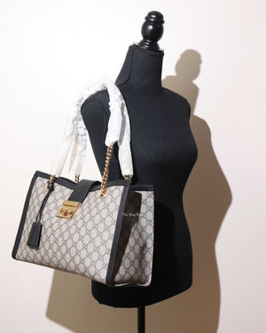 Gucci Beige Ebony/Black GG Supreme Canvas Medium Padlock Chain Tote Bag-11