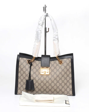 Gucci Beige Ebony/Black GG Supreme Canvas Medium Padlock Chain Tote Bag-12
