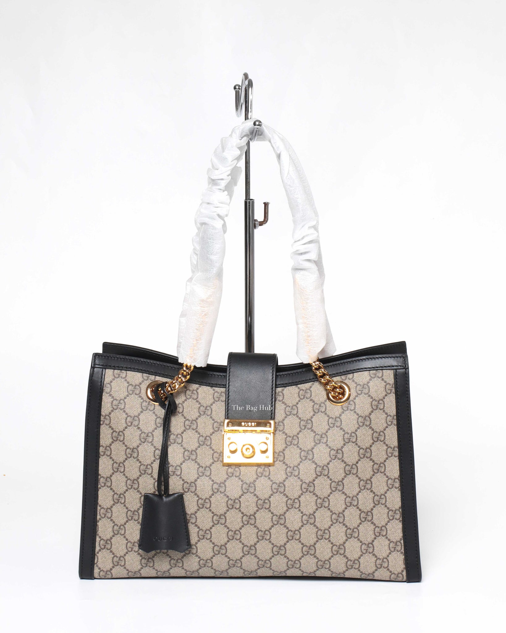 Gucci Beige Ebony/Black GG Supreme Canvas Medium Padlock Chain Tote Bag-2