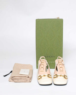 Gucci White Leather Horsebit Mid-Heel Slingback Size 37.5-9
