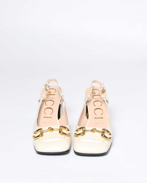 Gucci White Leather Horsebit Mid-Heel Slingback Size 37.5-3
