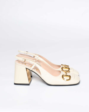 Gucci White Leather Horsebit Mid-Heel Slingback Size 37.5-4