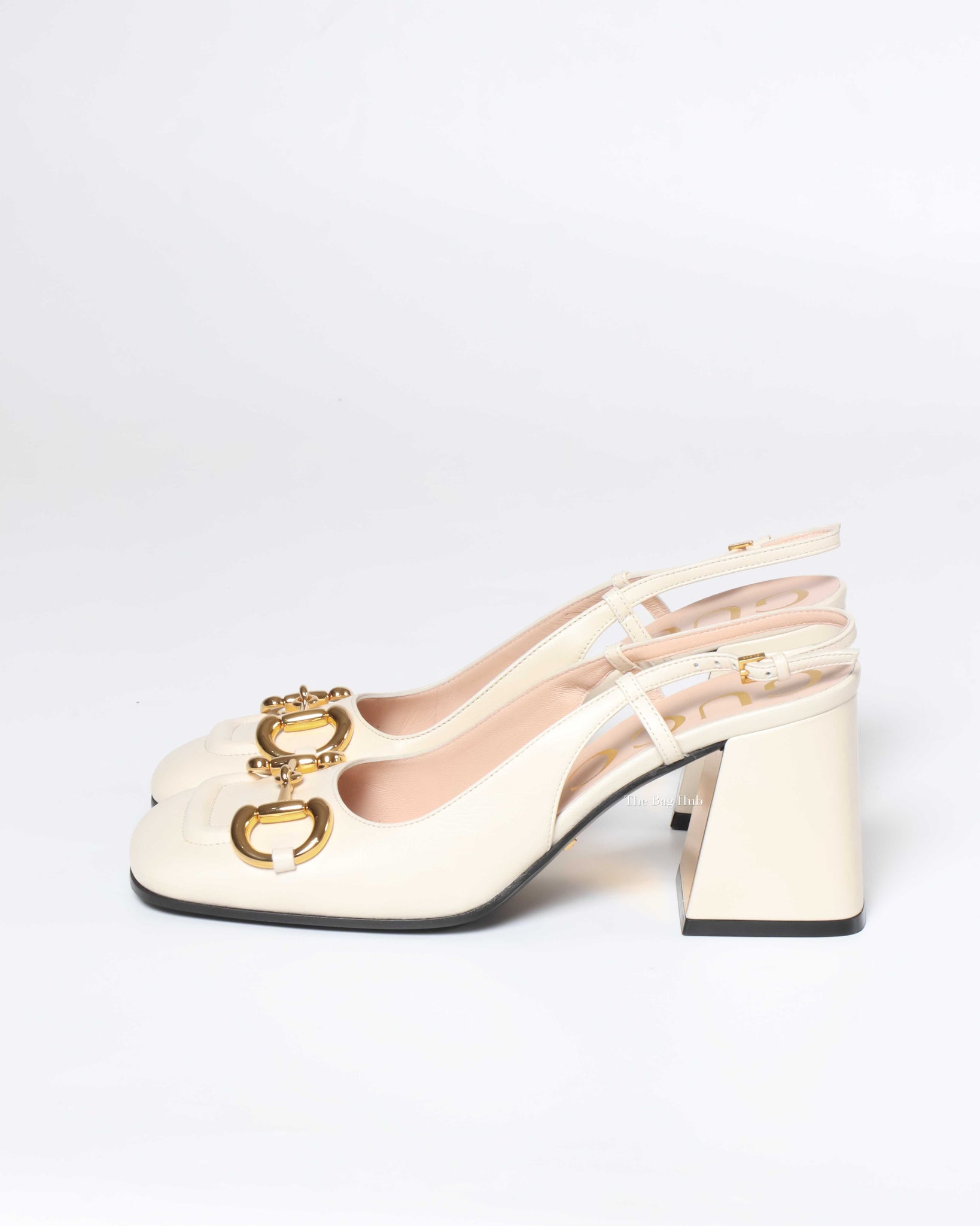 Gucci White Leather Horsebit Mid-Heel Slingback Size 37.5-5