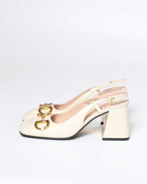 Gucci White Leather Horsebit Mid-Heel Slingback Size 37.5-5
