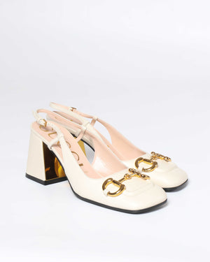 Gucci White Leather Horsebit Mid-Heel Slingback Size 37.5-2