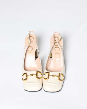 Gucci White Leather Horsebit Mid-Heel Slingback Size 37.5-8