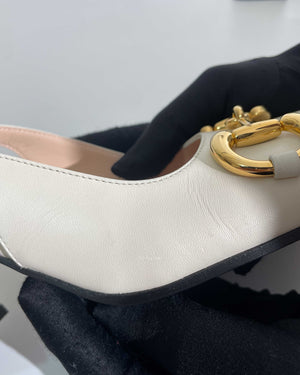 Gucci White Leather Horsebit Mid-Heel Slingback Size 37.5-10