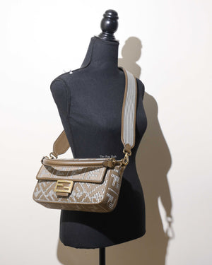 Fendi Wool Brown FF Embroidered Houndstooth Baguette Medium Shoulder Bag