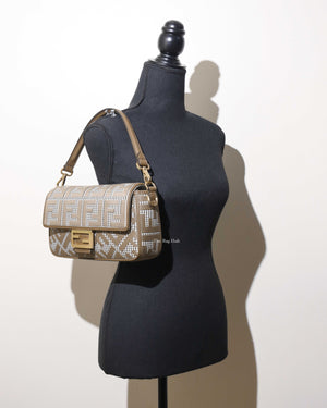 Fendi Wool Brown FF Embroidered Houndstooth Baguette Medium Shoulder Bag