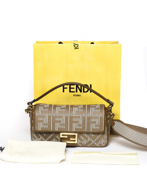 Fendi Wool Brown FF Embroidered Houndstooth Baguette Medium Shoulder Bag