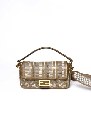 Fendi Wool Brown FF Embroidered Houndstooth Baguette Medium Shoulder Bag