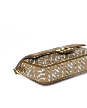 Fendi Wool Brown FF Embroidered Houndstooth Baguette Medium Shoulder Bag