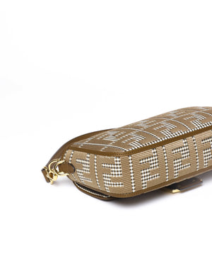 Fendi Wool Brown FF Embroidered Houndstooth Baguette Medium Shoulder Bag