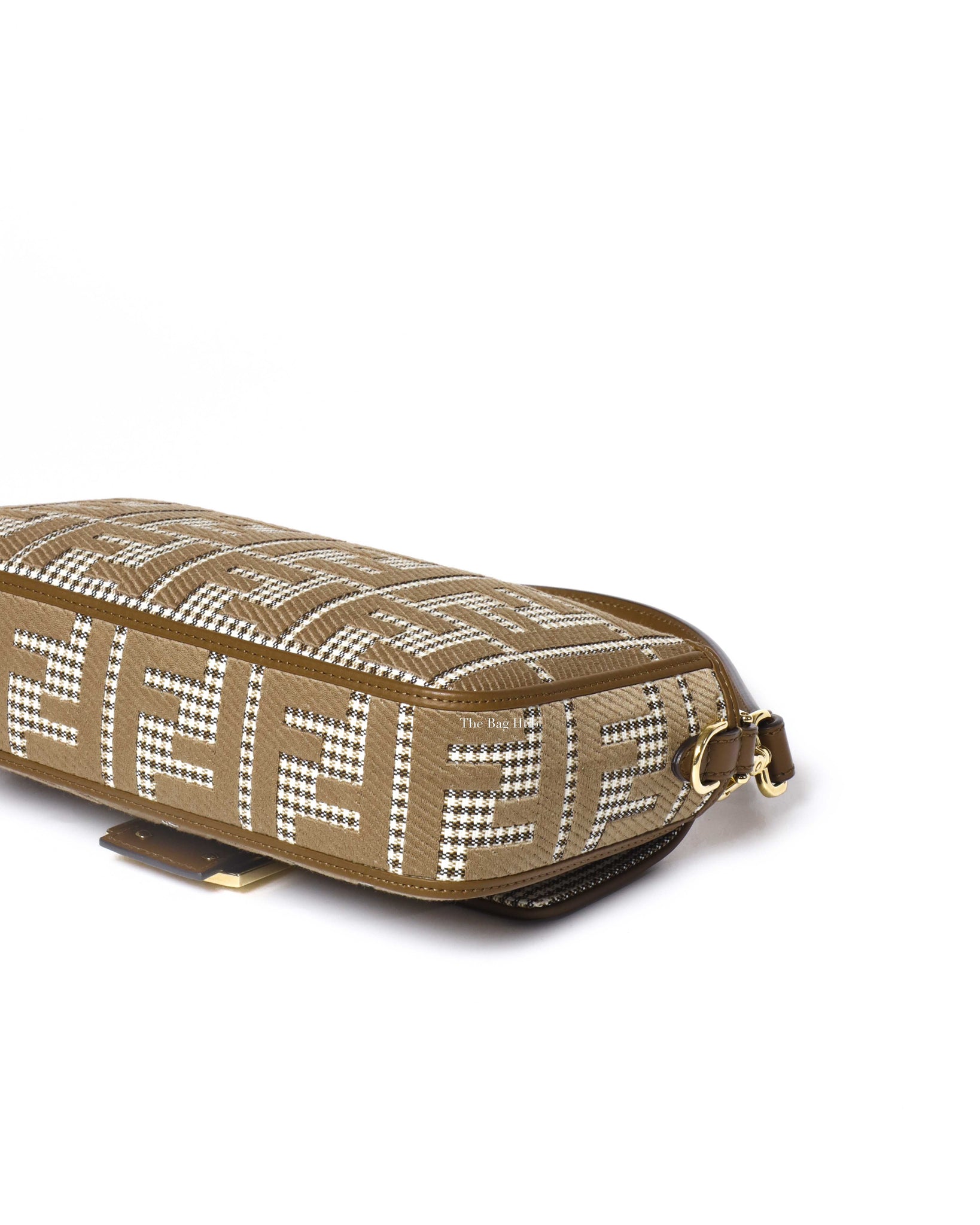 Fendi Wool Brown FF Embroidered Houndstooth Baguette Medium Shoulder Bag
