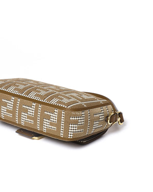 Fendi Wool Brown FF Embroidered Houndstooth Baguette Medium Shoulder Bag