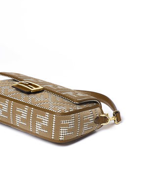 Fendi Wool Brown FF Embroidered Houndstooth Baguette Medium Shoulder Bag