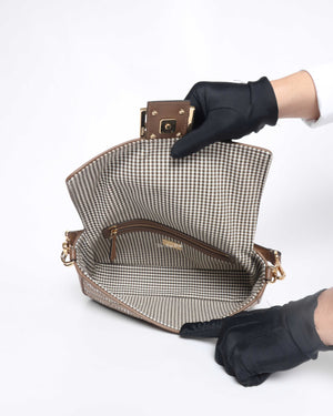 Fendi Wool Brown FF Embroidered Houndstooth Baguette Medium Shoulder Bag
