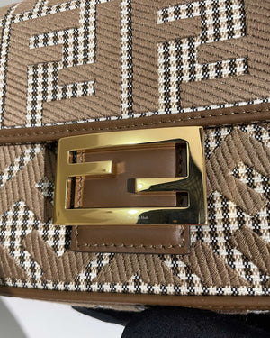 Fendi Wool Brown FF Embroidered Houndstooth Baguette Medium Shoulder Bag
