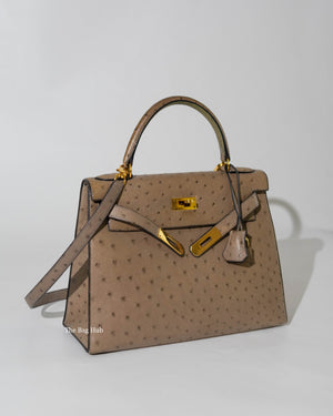 Hermes Gris Tourterelle Vintage Ostrich Kelly 28 Bag GHW-1