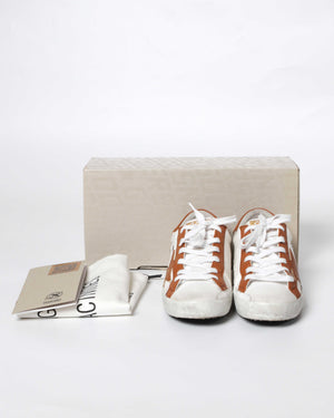 Golden Goose White/Brown Canvas/Drummed Leather Heeltab Superstar Classic w/ List Sneakers Size 35
