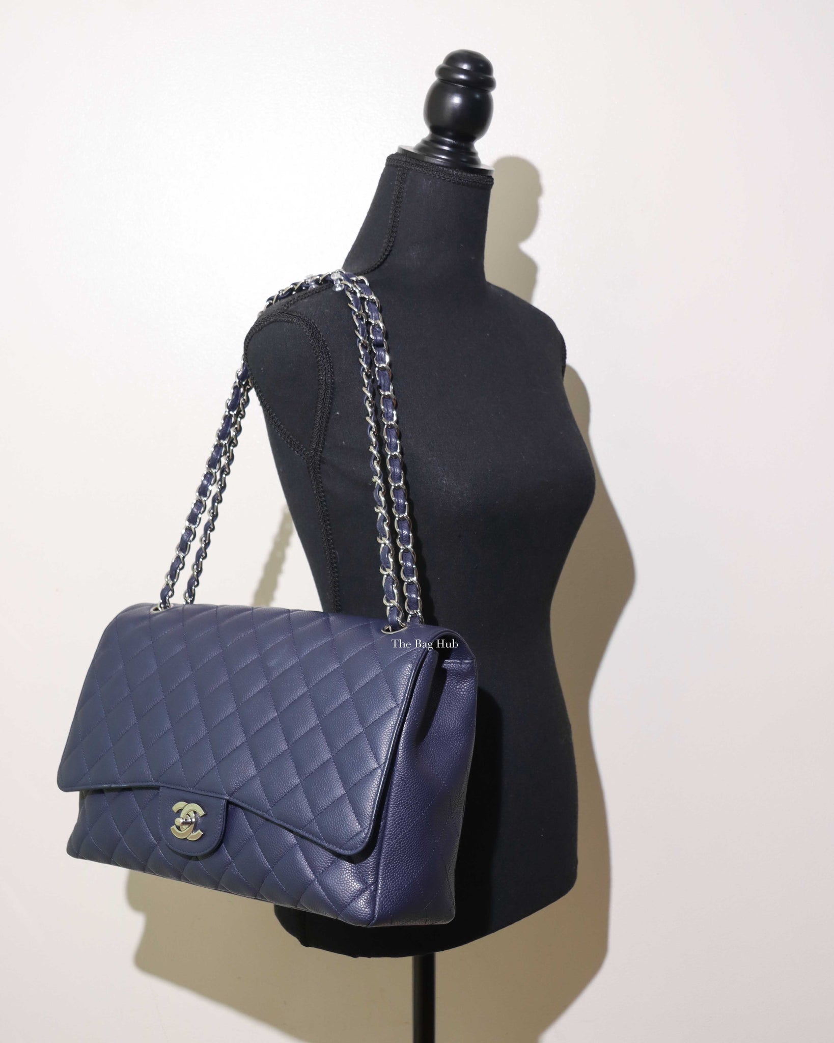 Chanel Navy Blue Caviar Classic Maxi Single Flap Bag SHW, Designer Brand, Authentic Chanel
