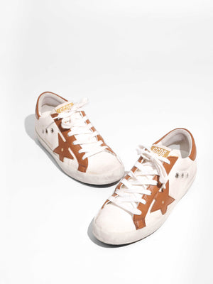Golden Goose White/Brown Canvas/Drummed Leather Heeltab Superstar Classic w/ List Sneakers Size 35