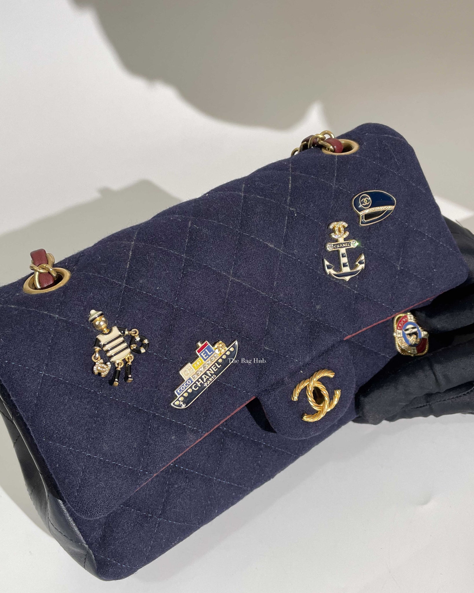 Chanel Navy Blue Wool Paris-Hamburg Charms Classic Double Flap Bag GHW