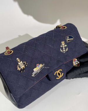 Chanel Navy Blue Wool Paris-Hamburg Charms Classic Double Flap Bag GHW