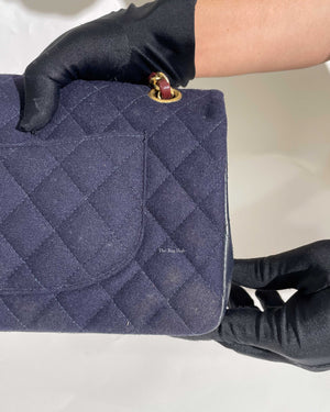 Chanel Navy Blue Wool Paris-Hamburg Charms Classic Double Flap Bag GHW