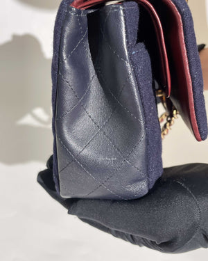Chanel Navy Blue Wool Paris-Hamburg Charms Classic Double Flap Bag GHW