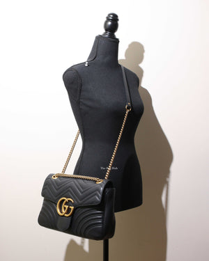 Gucci Black GG Marmont Medium Shoulder Bag Designer Brand Authentic Gucci The Bag Hub