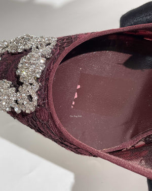 Manolo Blahnik Maroon Hangisi Lace 50 Jewel Buckle Pumps Size 38.5