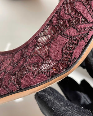 Manolo Blahnik Maroon Hangisi Lace 50 Jewel Buckle Pumps Size 38.5