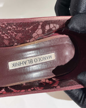 Manolo Blahnik Maroon Hangisi Lace 50 Jewel Buckle Pumps Size 38.5